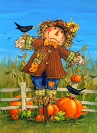 Happy Scarecrow with Pumpkins and Crows at the Fence