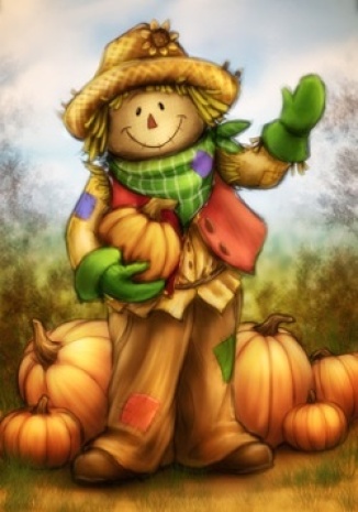 Waving Country Scarecrow with Pumpkins