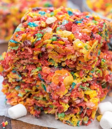 Fruity Pebble Cereal Treats (Recipe and Image by the Crazy For Crust Food Blog)